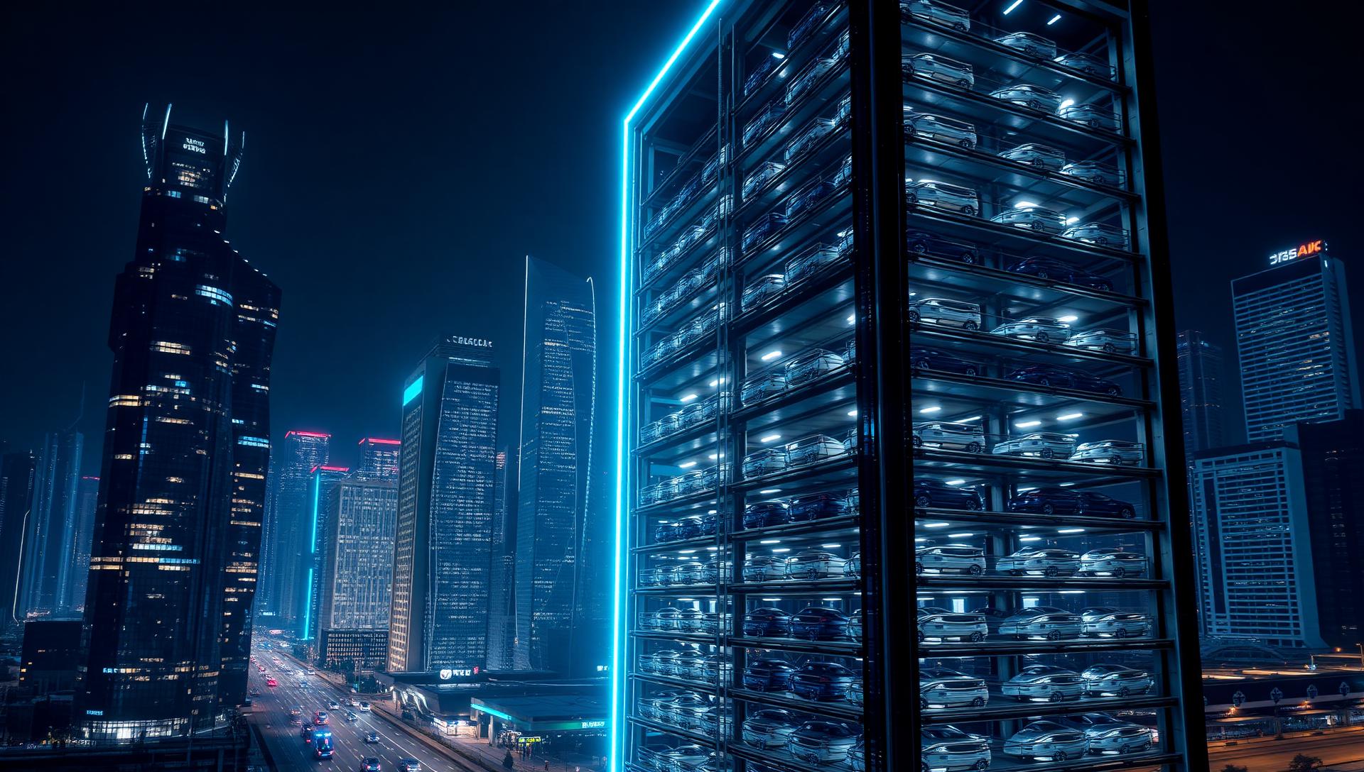 Automated car parking tower against a modern city skyline